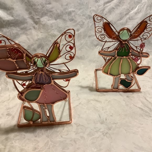 2 Stained glass look colored glass + copper color metal art collectible figures - Picture 2 of 7